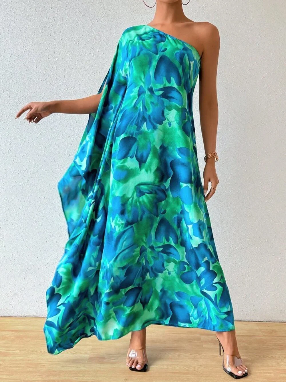 Multicolor Boho Women's Floral Print Asymmetrical Cape Sleeve Long Dress Maxi - Picture 4 of 6